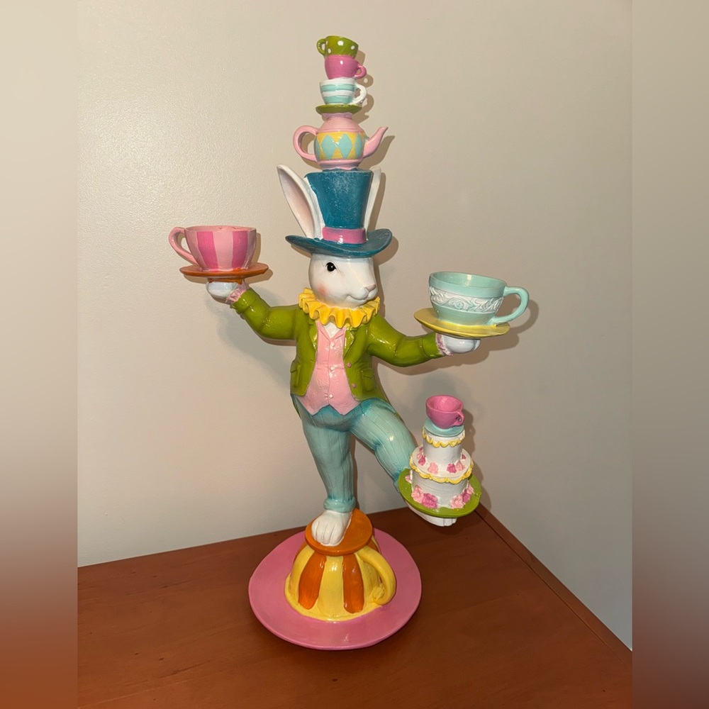 Mad Hatter Easter Bunny Balancing Teacups and Cake